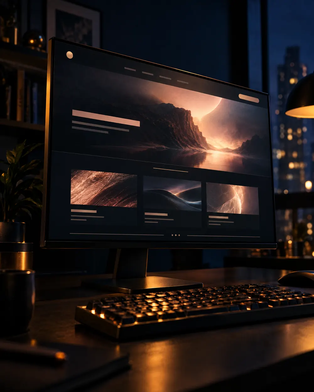 A widescreen monitor in a dark studio showing a moody website landing page, lit in warm brass light