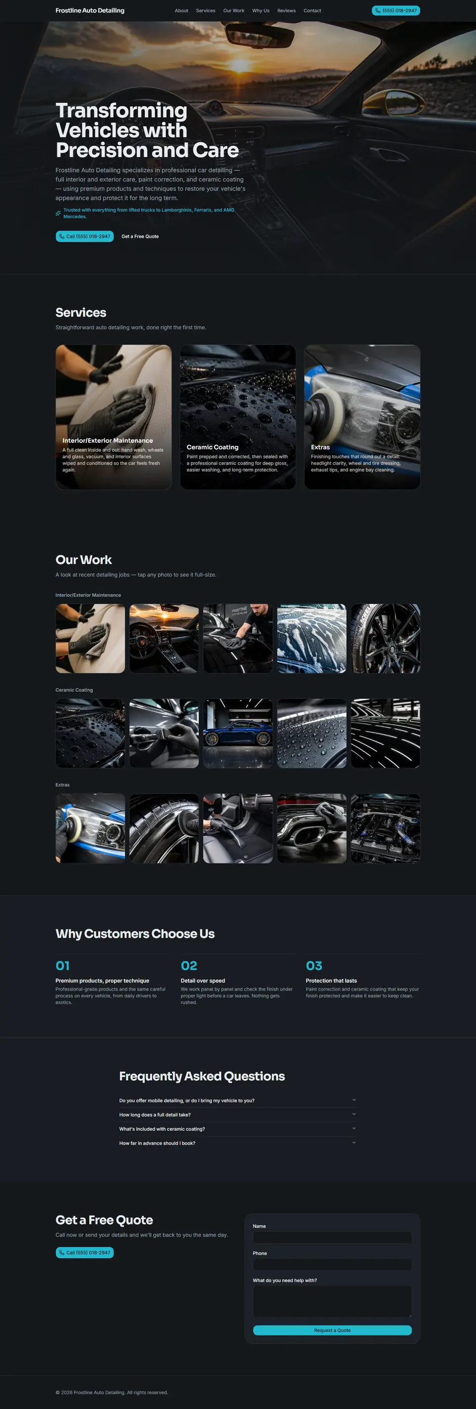 Frostline Auto Detailing website, scrolling through its pages